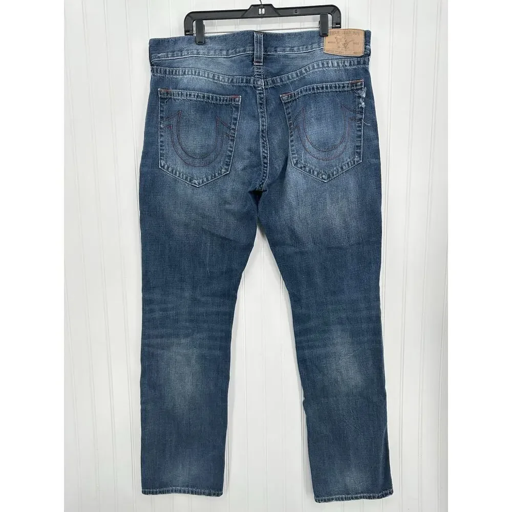 True Religion Jeans Mens 40x34 Section Straight Leg Blue Denim Distressed *Flaw